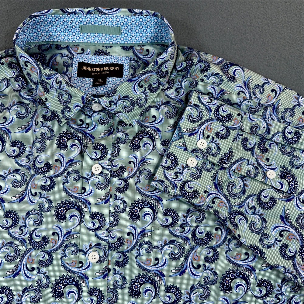 Johnston & Murphy Mens XL Paisley Button Down Shirt Blue Green Cotton